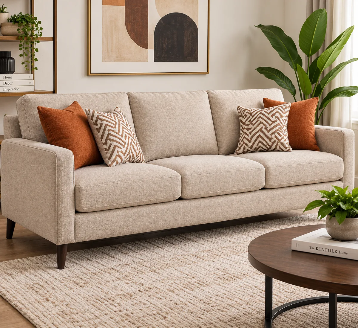 Three seater fabric sofa, oatmeal