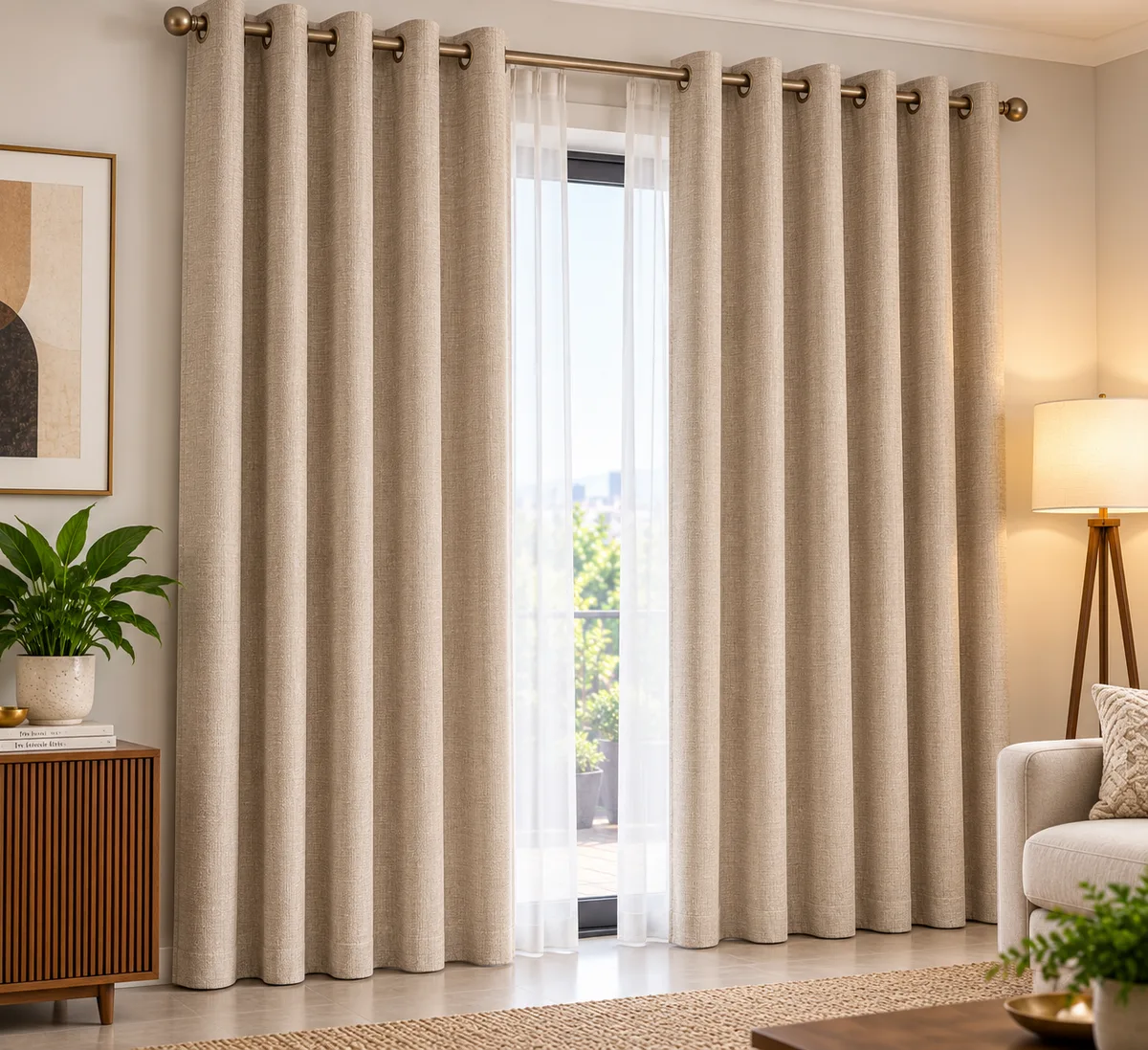 Lined eyelet curtains, pair