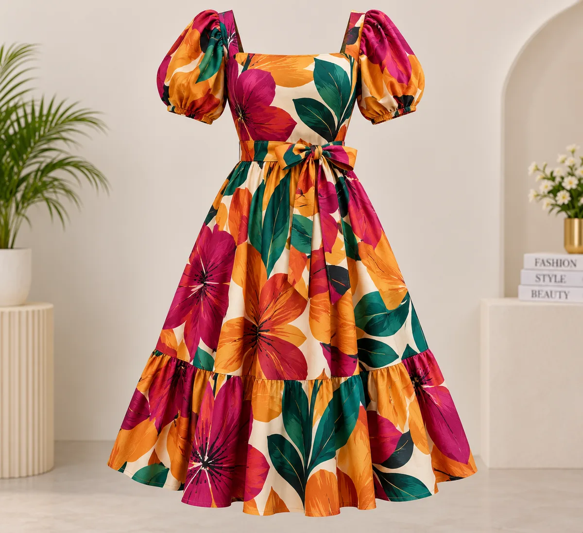 Tiered floral dress, marigold